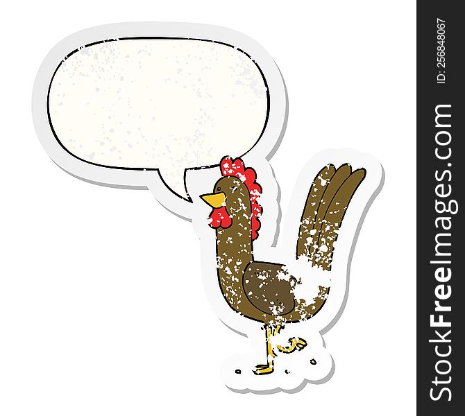 cartoon rooster with speech bubble distressed distressed old sticker. cartoon rooster with speech bubble distressed distressed old sticker