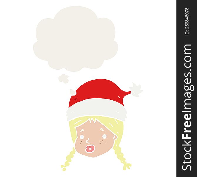 cartoon girl wearing christmas hat with thought bubble in retro style