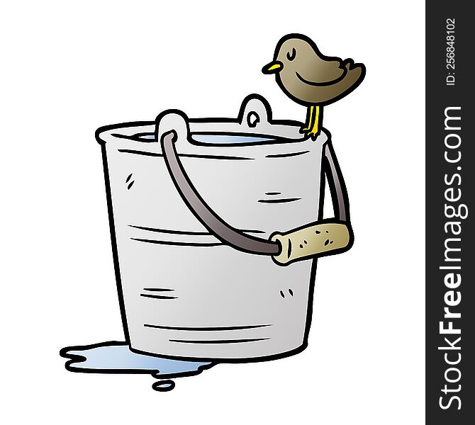 cartoon bird looking into bucket of water. cartoon bird looking into bucket of water