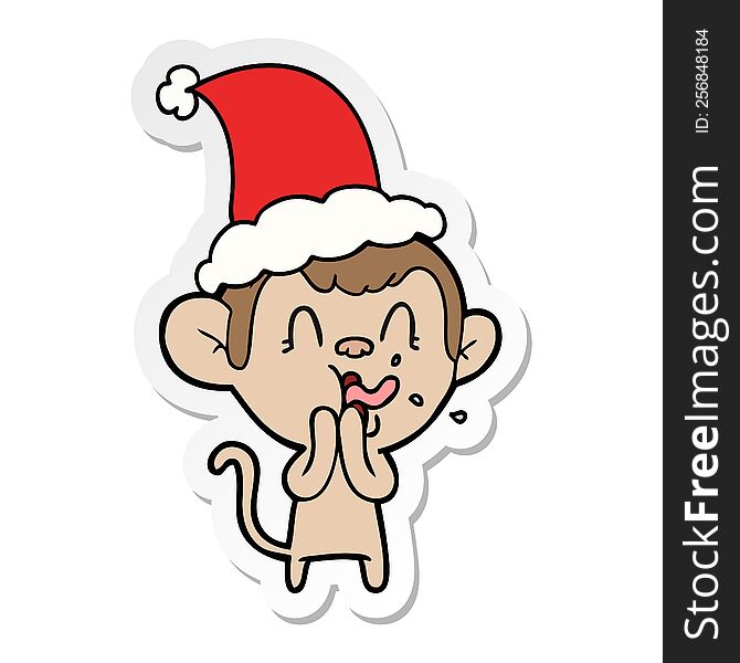 crazy hand drawn sticker cartoon of a monkey wearing santa hat. crazy hand drawn sticker cartoon of a monkey wearing santa hat