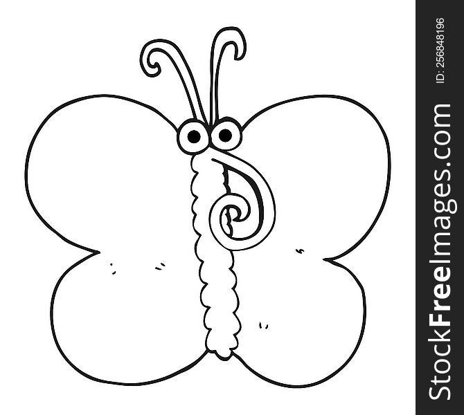 freehand drawn black and white cartoon butterfly