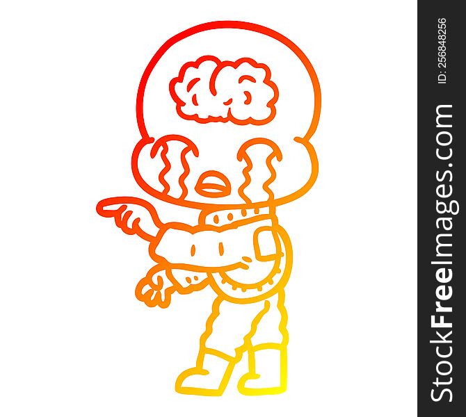 warm gradient line drawing of a cartoon big brain alien crying and pointing