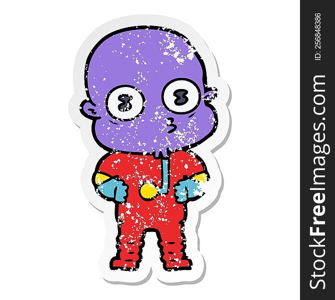 distressed sticker of a cartoon weird bald spaceman