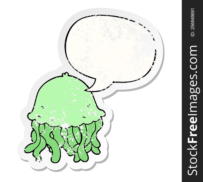 Cartoon Jellyfish And Speech Bubble Distressed Sticker