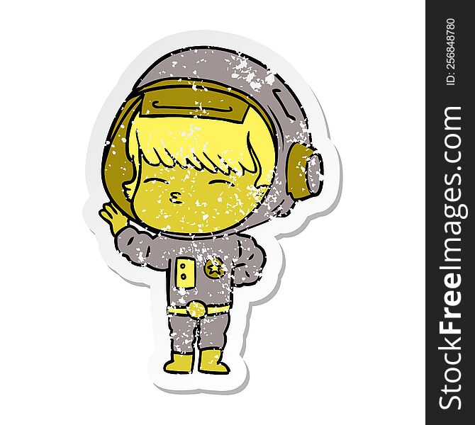 Distressed Sticker Of A Cartoon Curious Astronaut