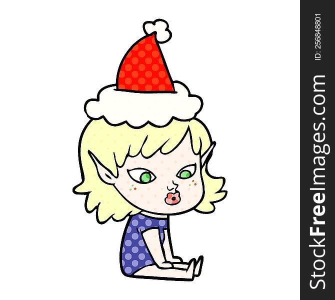 pretty comic book style illustration of a elf girl wearing santa hat