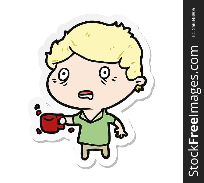 sticker of a cartoon man with cup of coffee