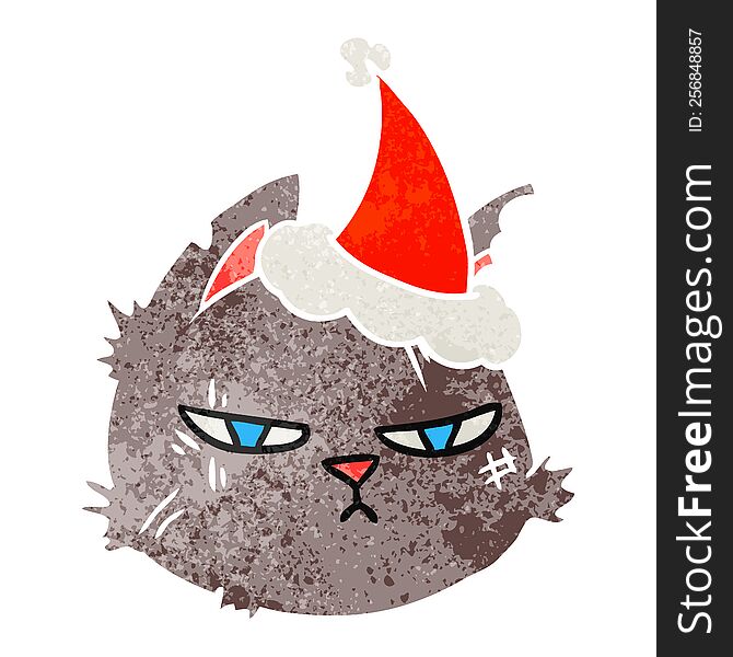 Retro Cartoon Of A Tough Cat Face Wearing Santa Hat