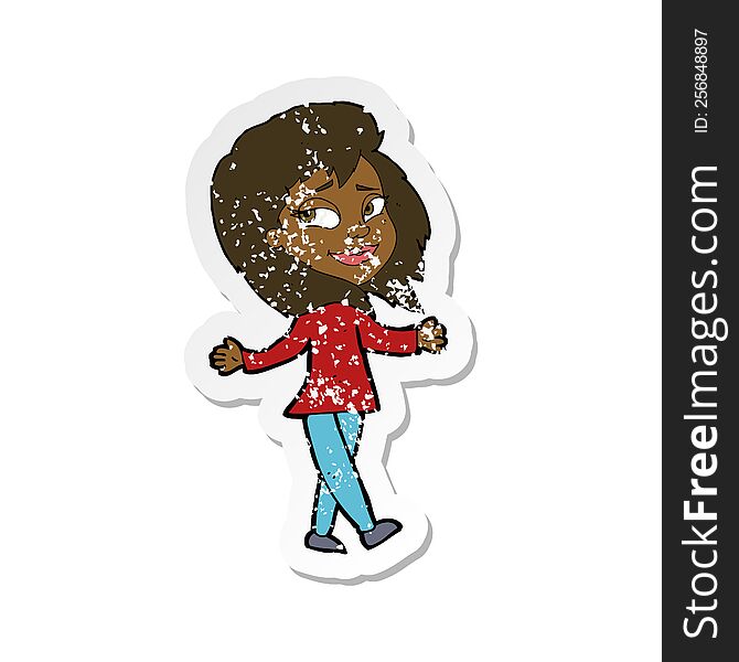 Retro Distressed Sticker Of A Stress Free Woman Cartoon