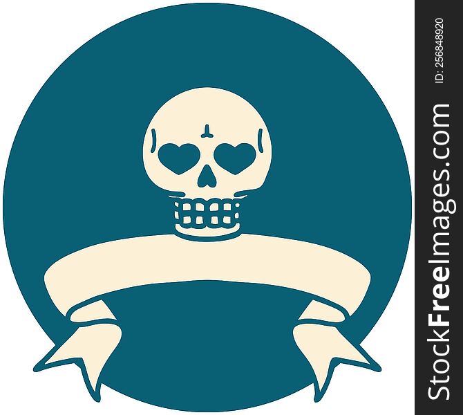 tattoo style icon with banner of a skull