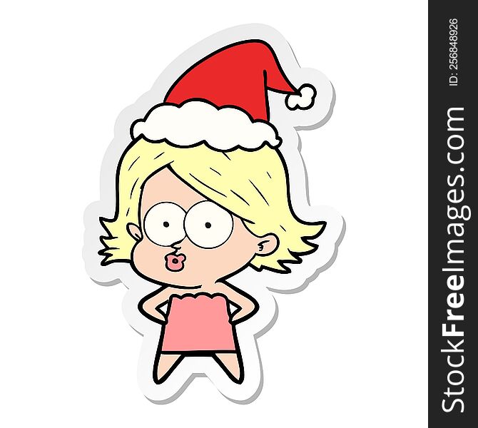 hand drawn sticker cartoon of a girl pouting wearing santa hat