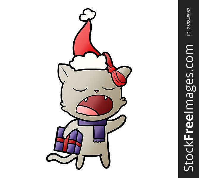 hand drawn gradient cartoon of a cat with christmas present wearing santa hat