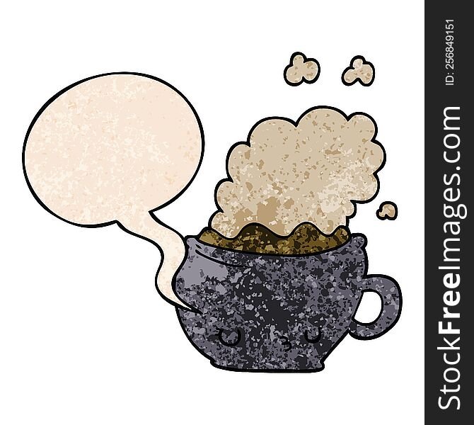 Cute Cartoon Coffee Cup And Speech Bubble In Retro Texture Style