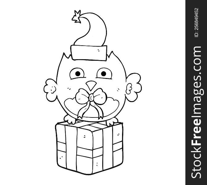 freehand drawn black and white cartoon christmas owl