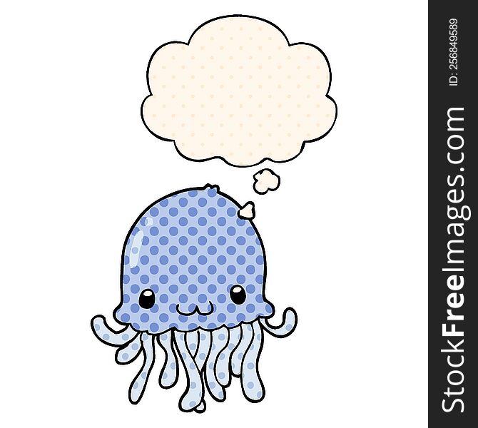 cartoon jellyfish with thought bubble in comic book style