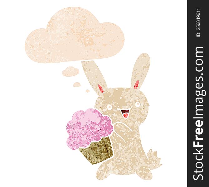 cute cartoon rabbit with muffin with thought bubble in grunge distressed retro textured style. cute cartoon rabbit with muffin with thought bubble in grunge distressed retro textured style