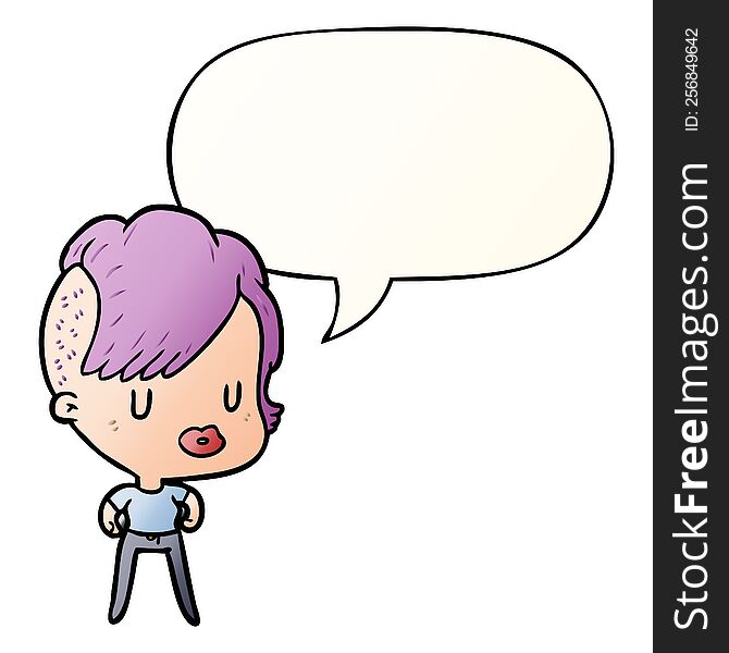 cartoon girl with punk hipster haircut with speech bubble in smooth gradient style. cartoon girl with punk hipster haircut with speech bubble in smooth gradient style