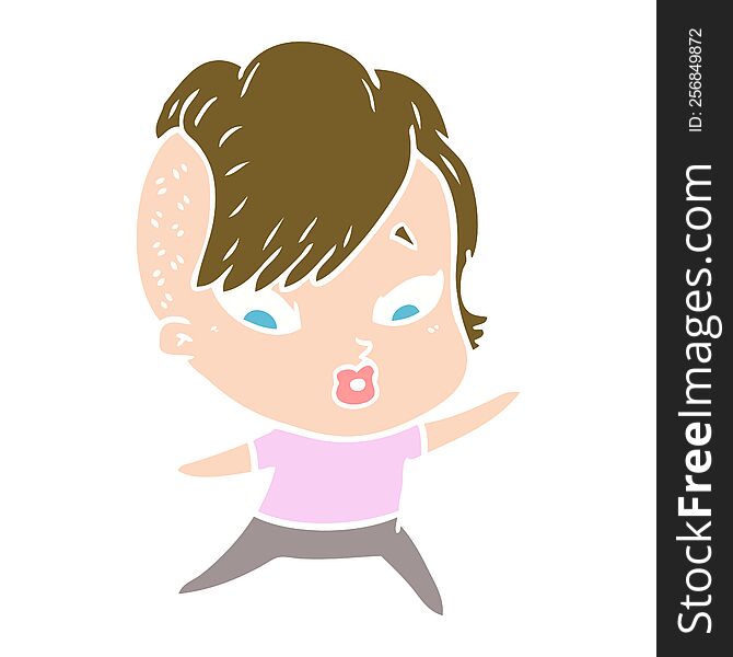 Flat Color Style Cartoon Surprised Girl Pointing