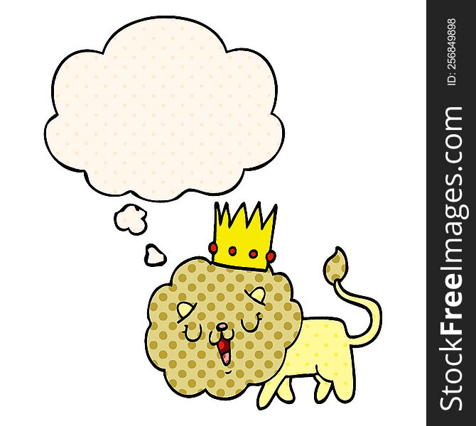 Cartoon Lion With Crown And Thought Bubble In Comic Book Style