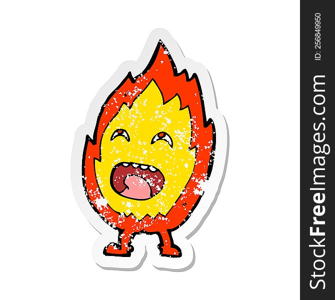 retro distressed sticker of a cartoon flame character