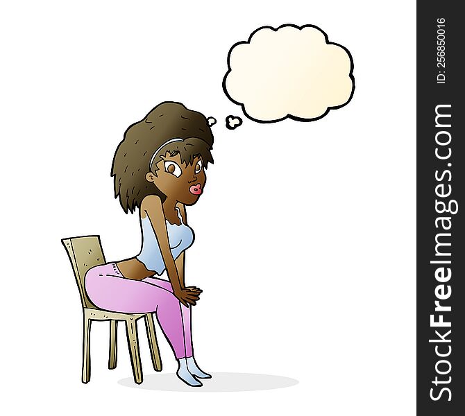 cartoon woman posing on chair with thought bubble