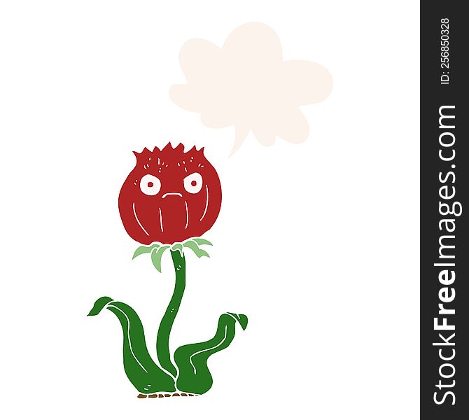 cartoon thistle with speech bubble in retro style