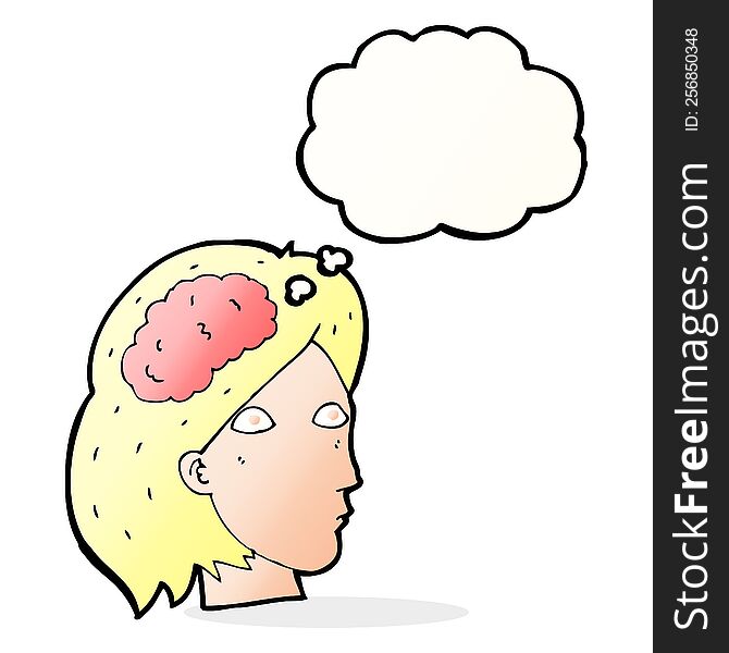 Cartoon Female Head With Brain Symbol With Thought Bubble