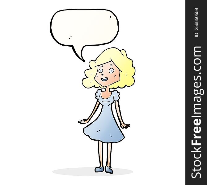Cartoon Happy Woman In Dress With Speech Bubble