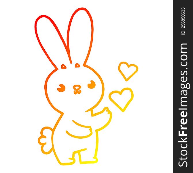 warm gradient line drawing of a cute cartoon rabbit with love hearts