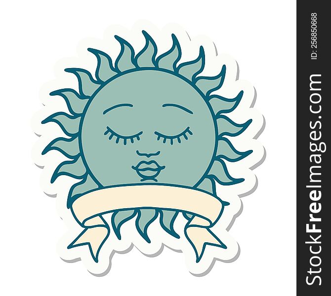 tattoo style sticker with banner of a sun with face