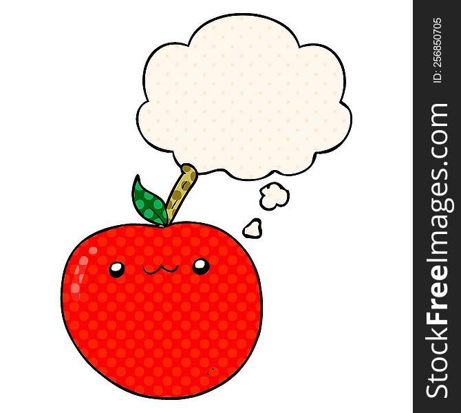 cartoon cute apple with thought bubble in comic book style