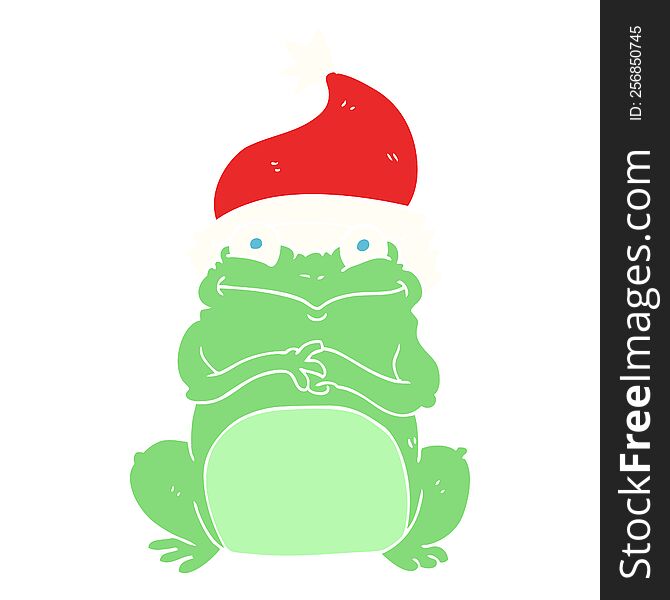 flat color illustration of frog wearing christmas hat. flat color illustration of frog wearing christmas hat