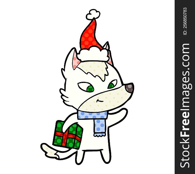 Friendly Comic Book Style Illustration Of A Christmas Wolf Wearing Santa Hat