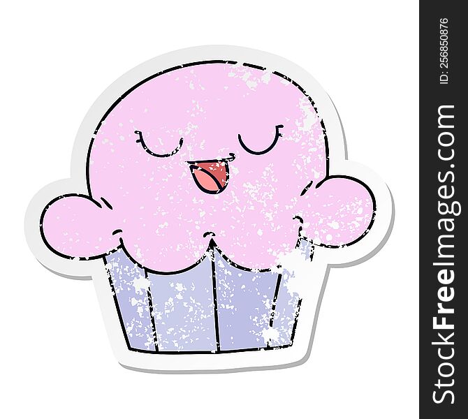 Distressed Sticker Of A Quirky Hand Drawn Cartoon Happy Cake