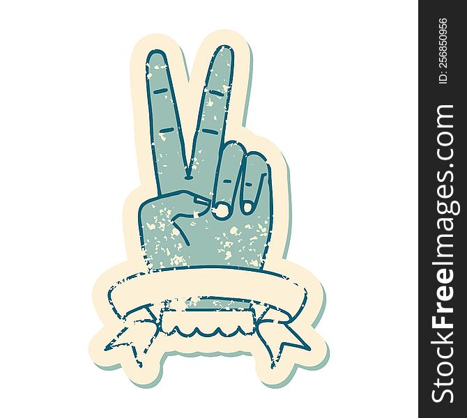 peace two finger hand gesture with banner grunge sticker