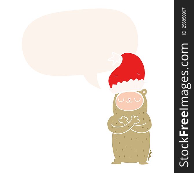 cartoon bear wearing christmas hat with speech bubble in retro style