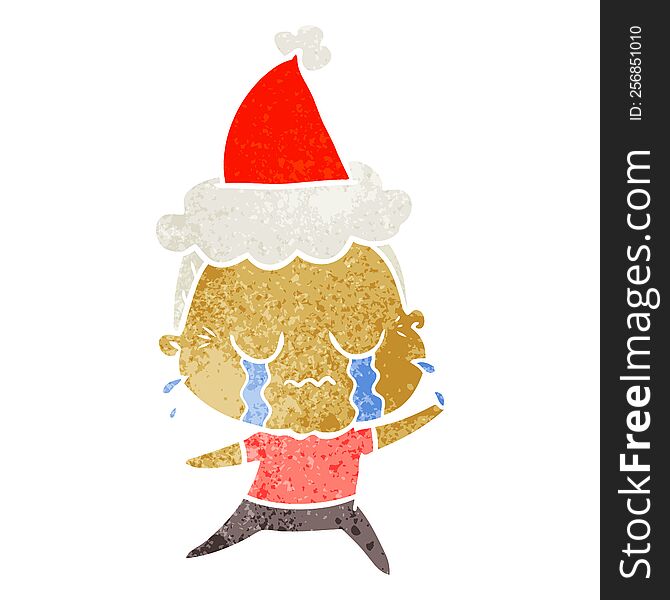 retro cartoon of a crying old lady wearing santa hat