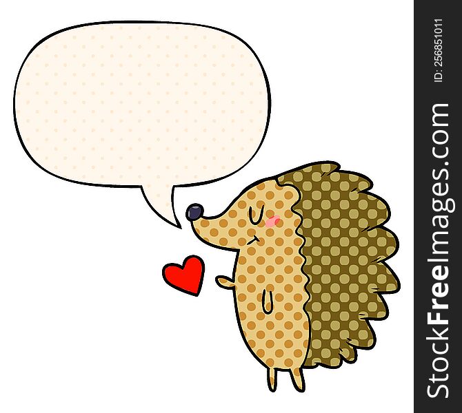 cute cartoon hedgehog with speech bubble in comic book style