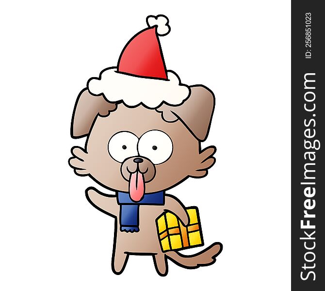 hand drawn gradient cartoon of a dog with christmas present wearing santa hat