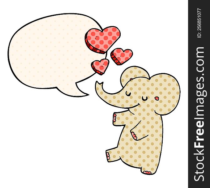 cartoon elephant and love hearts and speech bubble in comic book style