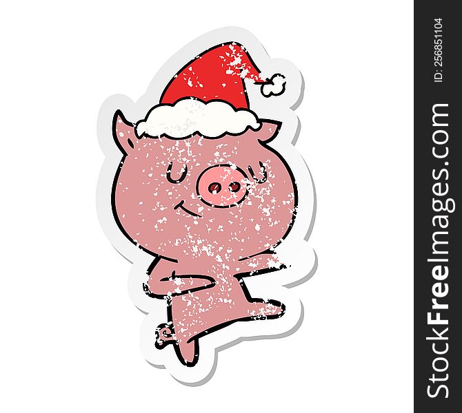 Happy Distressed Sticker Cartoon Of A Pig Dancing Wearing Santa Hat