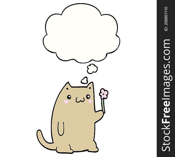 cute cartoon cat with flower with thought bubble