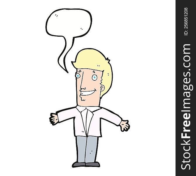 Cartoon Grining Man With Open Arms With Speech Bubble