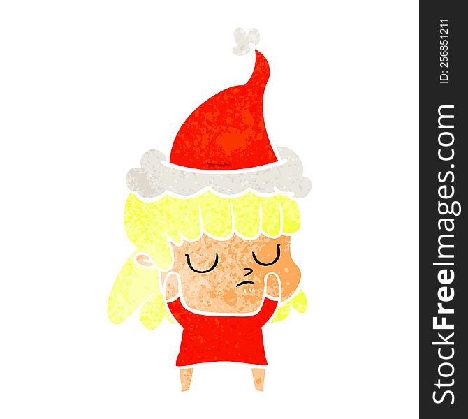 hand drawn retro cartoon of a indifferent woman wearing santa hat