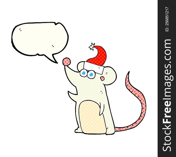 freehand drawn comic book speech bubble cartoon mouse christmas hat. freehand drawn comic book speech bubble cartoon mouse christmas hat