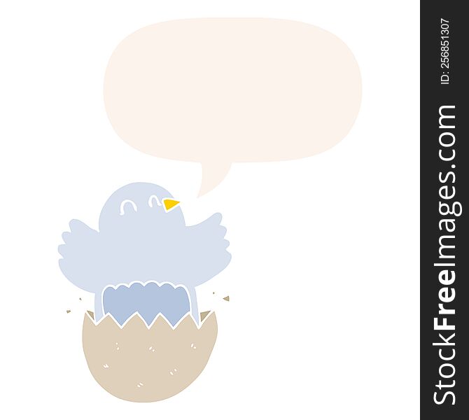 cartoon hatching chicken with speech bubble in retro style