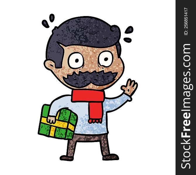 cartoon man with mustache and christmas present. cartoon man with mustache and christmas present