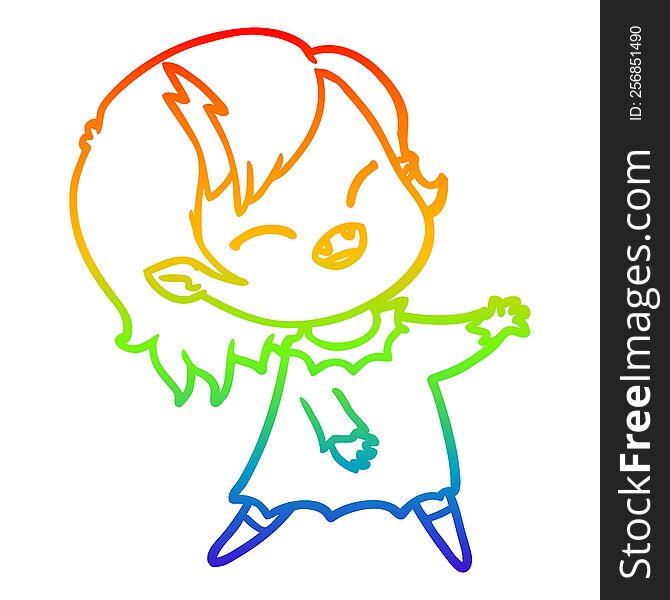 rainbow gradient line drawing of a cartoon laughing vampire girl