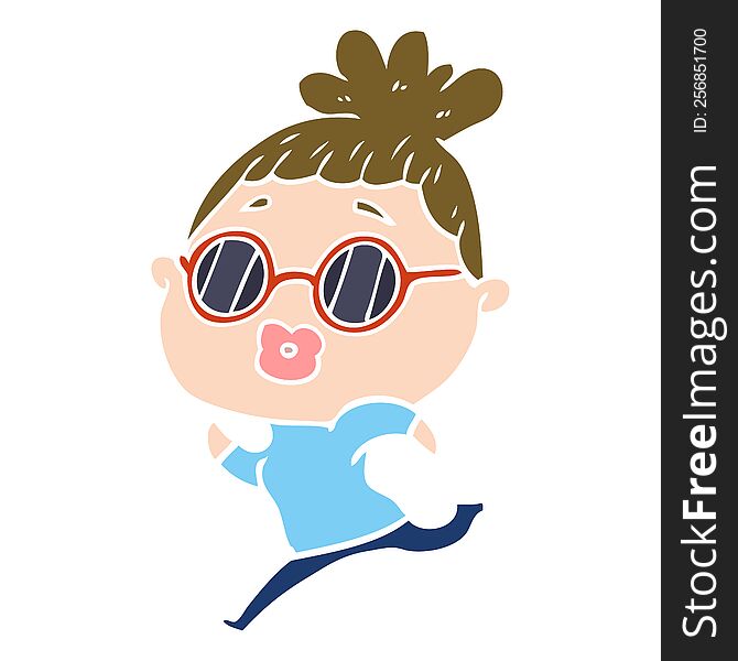 Flat Color Style Cartoon Woman Running Wearing Sunglasses