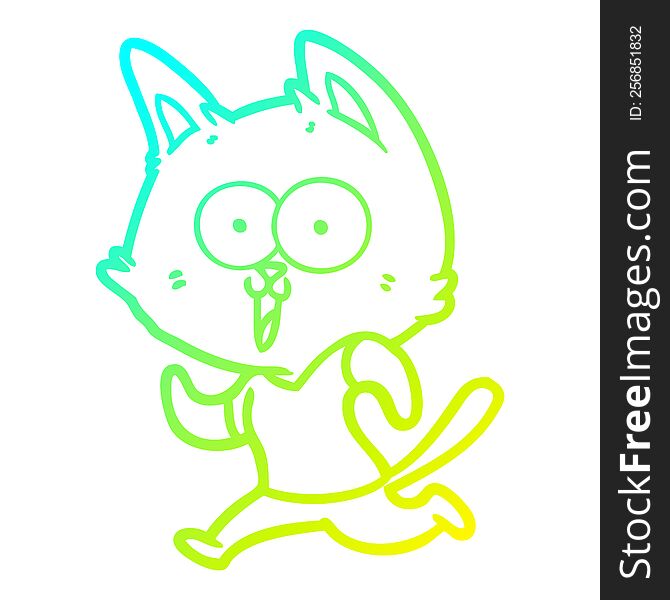 cold gradient line drawing of a funny cartoon cat jogging